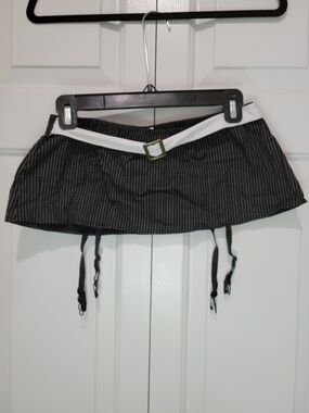 Frederick's of Hollywood Black Pinstripe Garter Skirt w/ White Belt Accent